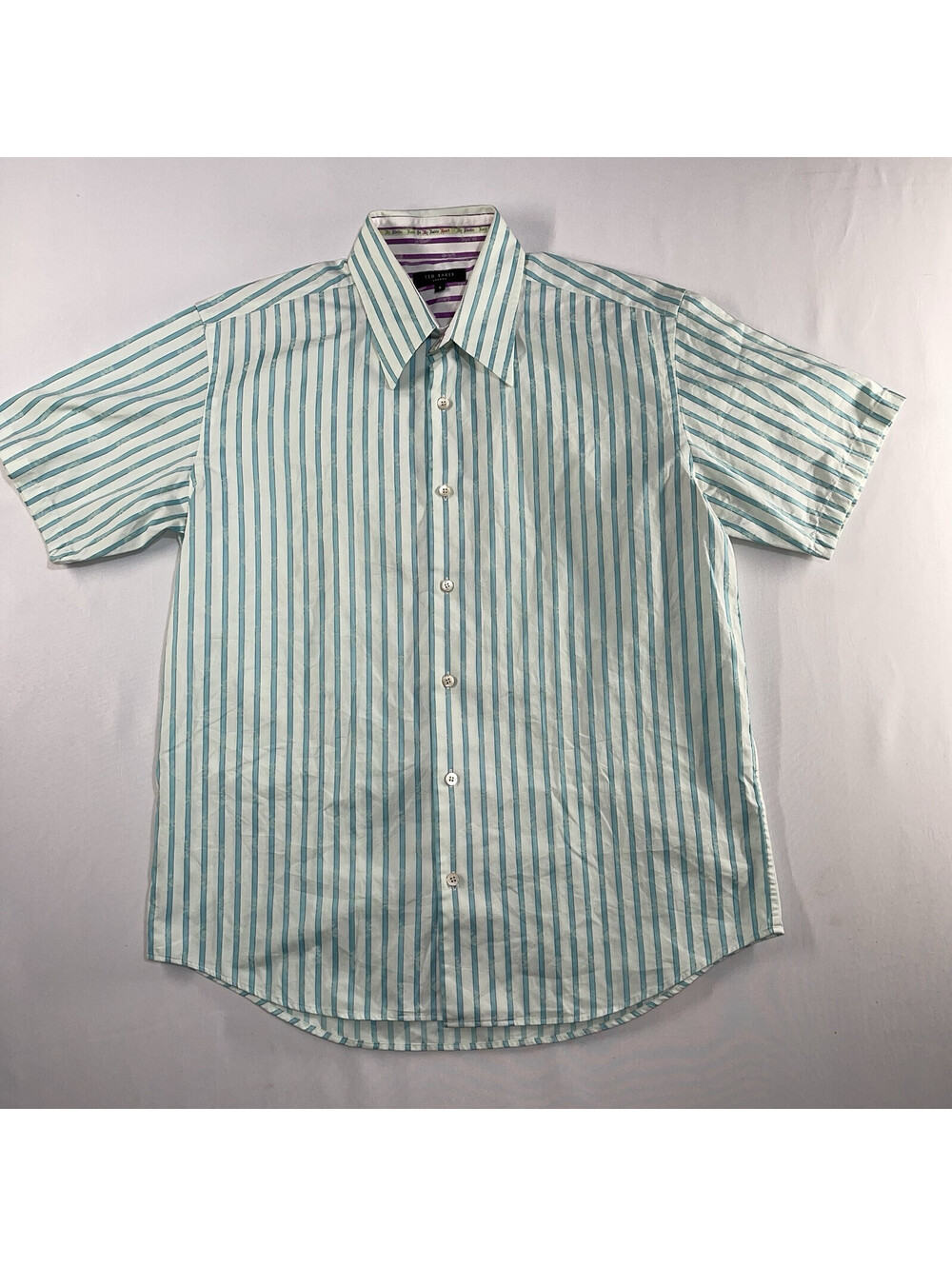 Ted Baker Shirt Men's Light Blue Size 5 XL Stripe Short Sleeve Button Up Cotton